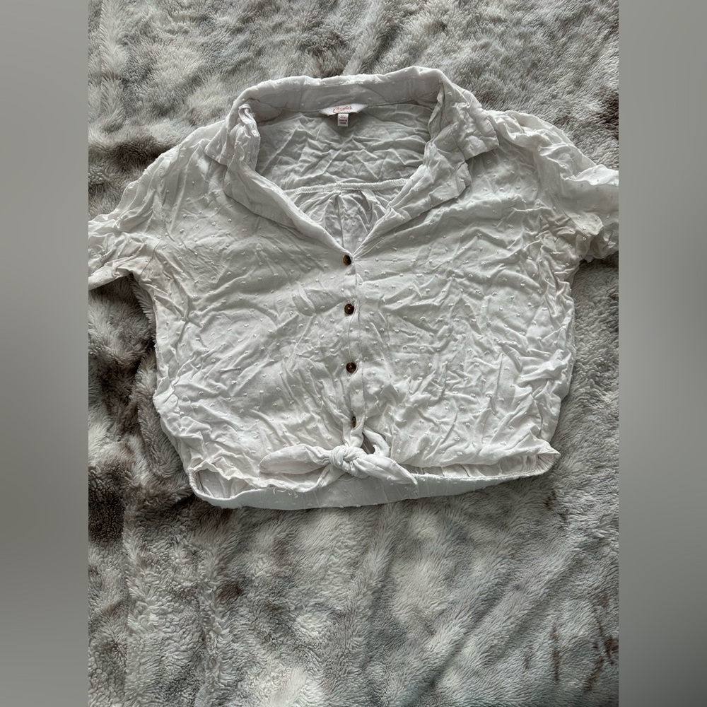 Candie's White Short Sleeve Button Down Shirt with Tie Front